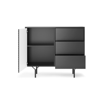 Móvel de arrumação cinza escuro com porta aberta e três gavetas.