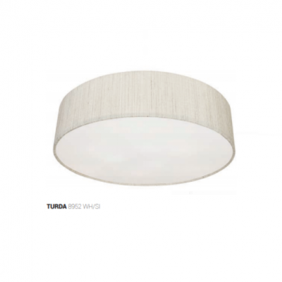 Luminária de teto redonda branca com tecido acinzentado e difusor opaco