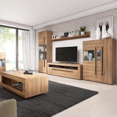 Conjunto de móveis de sala modernos em madeira clara com detalhes em vidro e decoração minimalista