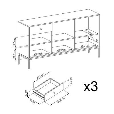 Desenho técnico de consola com medidas e gavetas em preto e branco