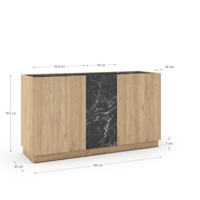 Móvel de madeira clara com três portas incluindo uma porta central com padrão de mármore preto