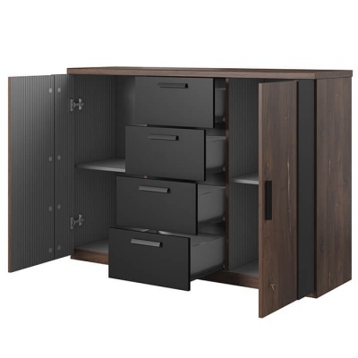 Móvel de arrumação em madeira castanha escura com portas e gavetas pretas abertas