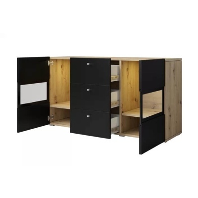 Móvel de arrumação em madeira clara com portas e gavetas pretas