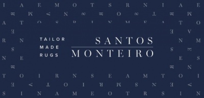 Texto 'TAILOR MADE RUGS' e 'SANTOS MONTEIRO' sobre fundo azul escuro com letras dispersas