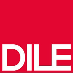 Logotipo branco DILE sobre fundo vermelho