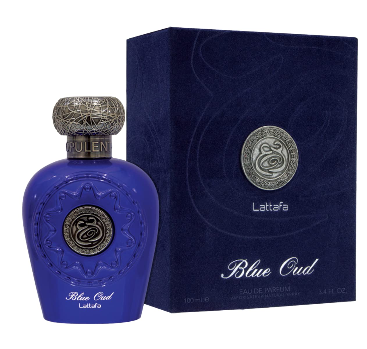 Frasco e caixa de perfume azul Blue Oud Lattâfa