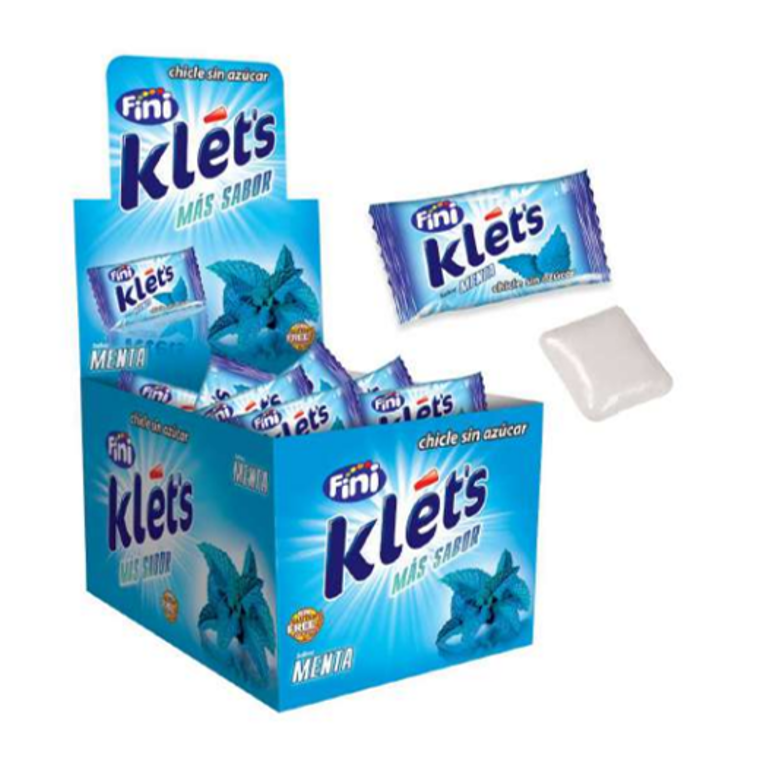 Embalagem azul de chicletes Fini Klet's sabor menta com folhas de menta e pastilha branca