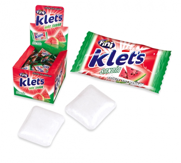 Pastilhas elásticas Fini Klet's sabor sandia com embalagem colorida e caixa display aberta