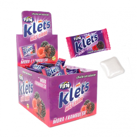 Caixa roxa de pastilhas elásticas Fini Klets sabor Mora-Framboesa com imagem de frutos e texto