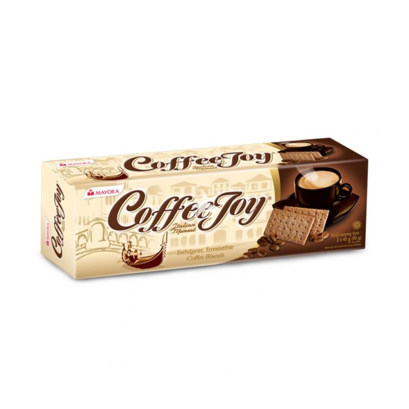 Embalagem retangular creme e castanho de biscoitos Coffee Joy com café e biscoitos visíveis