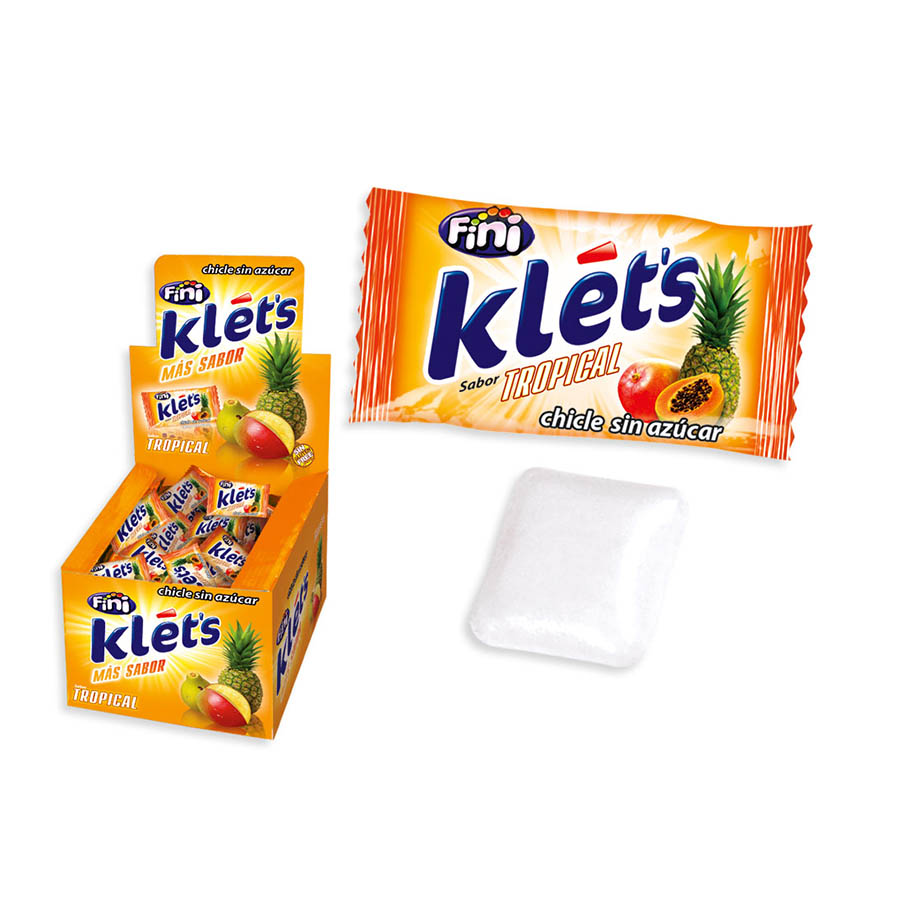 Pastilha elástica Fini Kle'ts sabor tropical com embalagem laranja e amarelo