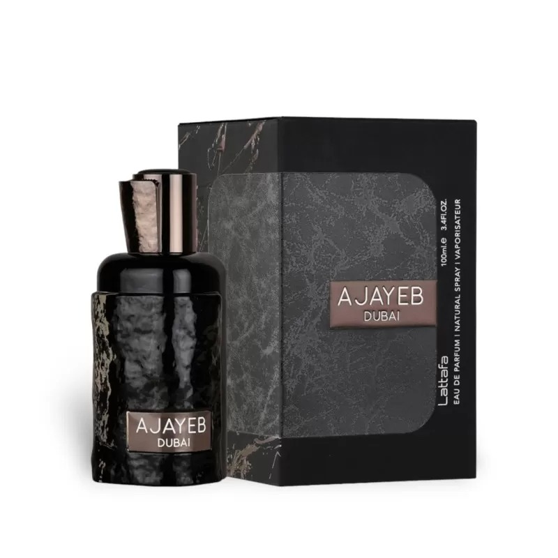 Frasco preto martelado e caixa preta com texto AJAYEB DUBAI