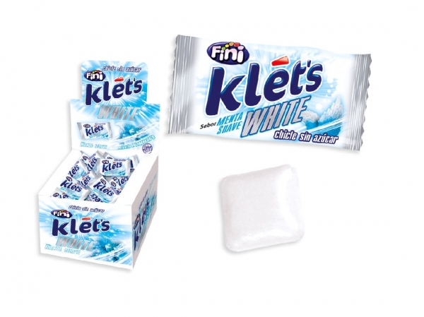 Pacote de pastilhas Fini Klets White em embalagem branca e azul com pastilha branca ao lado