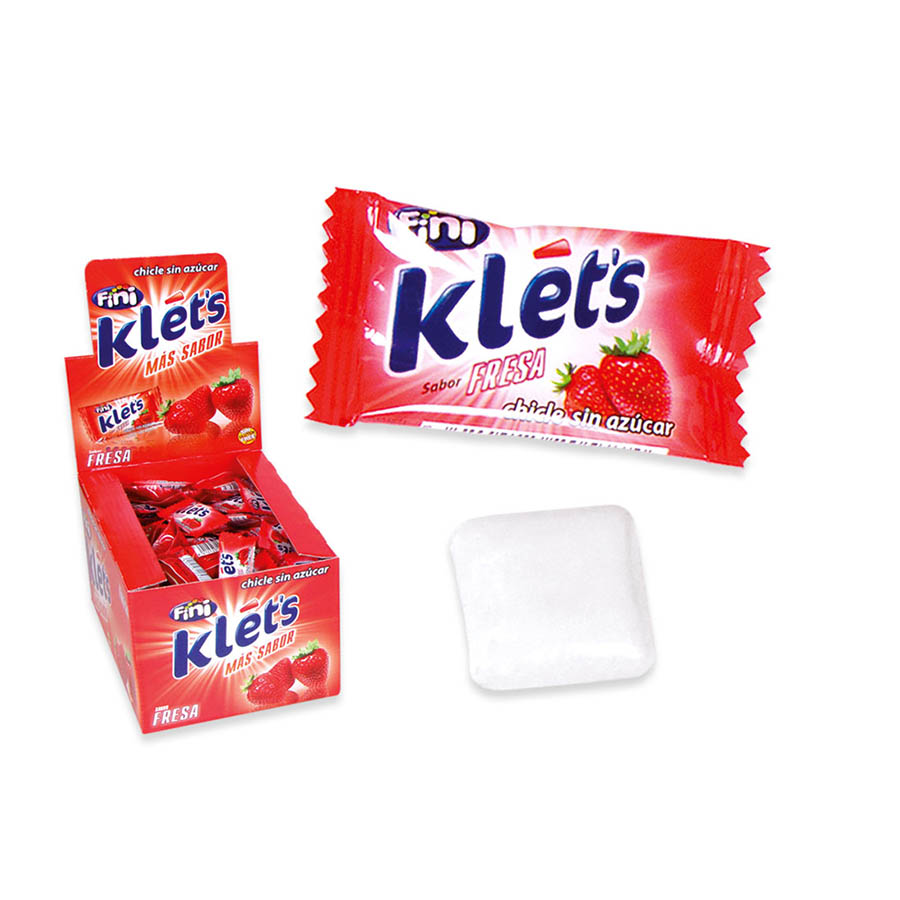Pastilha elástica Klet's sabor fresa com embalagem vermelha e pastilha branca visível