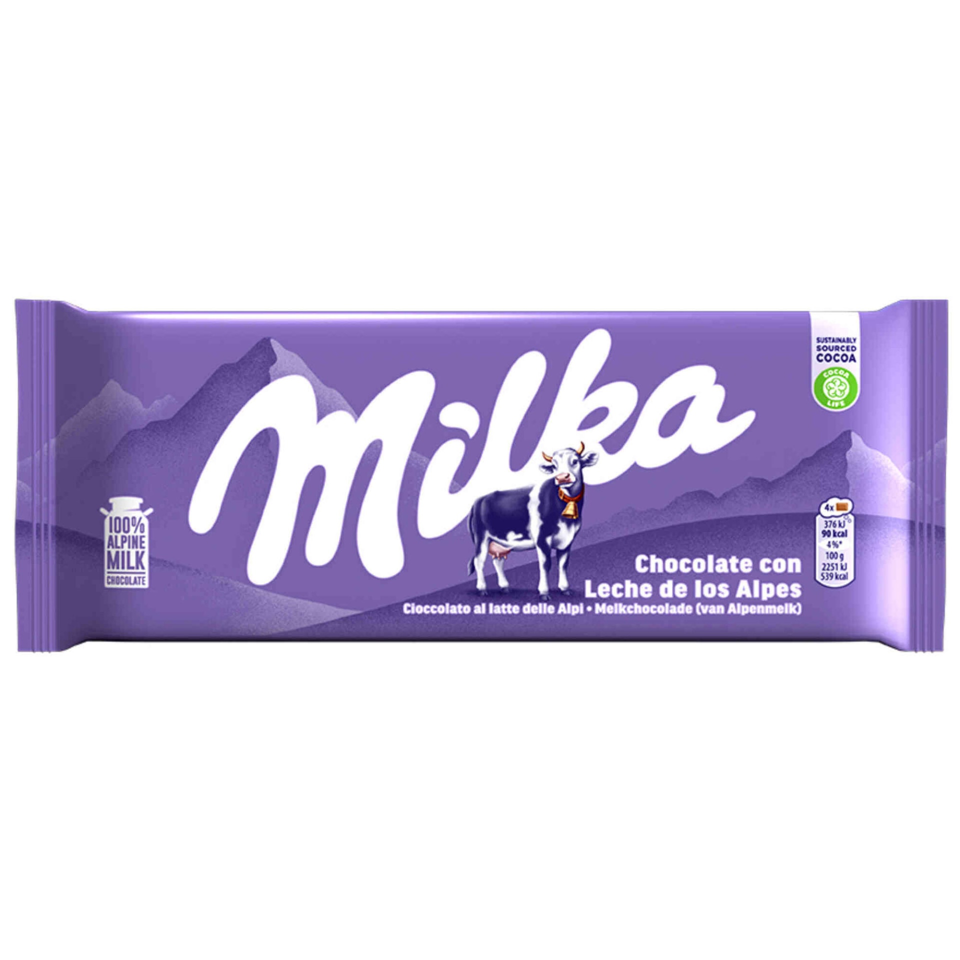 Barra de chocolate Milka com embalagem roxa e vaca