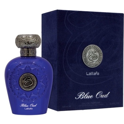 Frasco e caixa de perfume azul Blue Oud Lattâfa