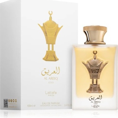 Frasco e embalagem do perfume Al Areeq Gold da Lattafa