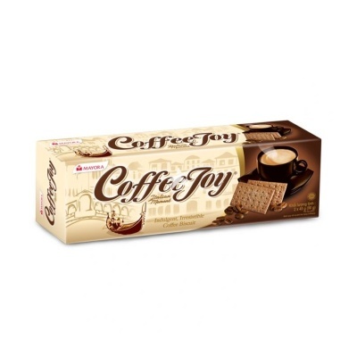 Embalagem retangular creme e castanho de biscoitos Coffee Joy com café e biscoitos visíveis