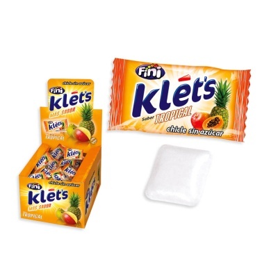 Pastilha elástica Fini Kle'ts sabor tropical com embalagem laranja e amarelo