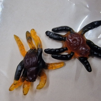Brinquedos de gelatina em forma de aranhas laranja, preto e castanho