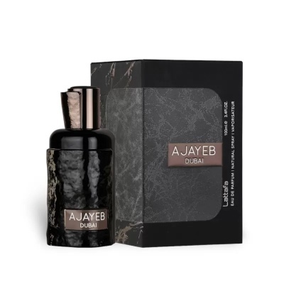 Frasco preto martelado e caixa preta com texto AJAYEB DUBAI