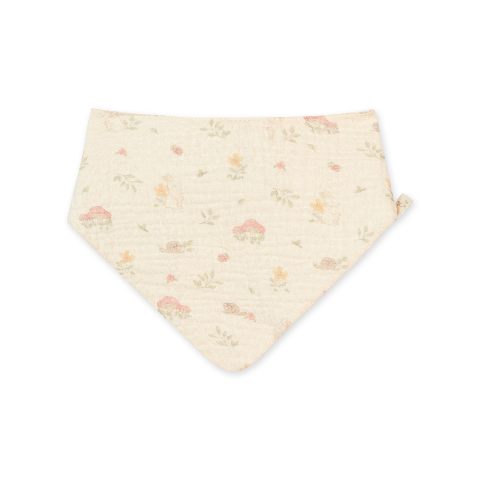 Babete Bandana estampada de algodão taupe da Baby Gi - Coleção Toadstool Babete bandana bege claro com padrão de coelhos e flores