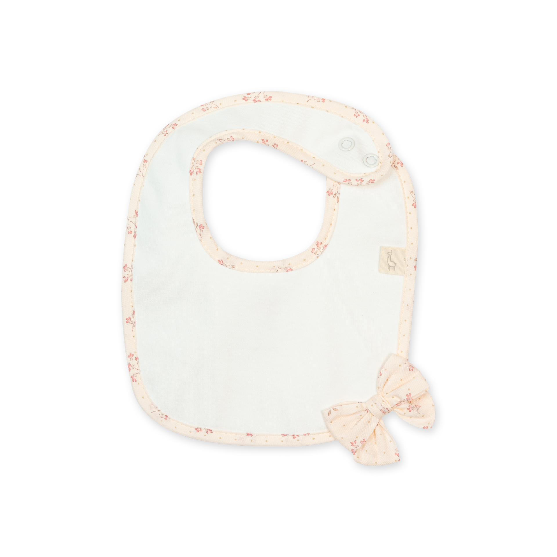 Babete de algodão pérola da Baby Gi - Coleção Winter Garden Babete branco com borda creme e flores cor de rosa e fita decorativa