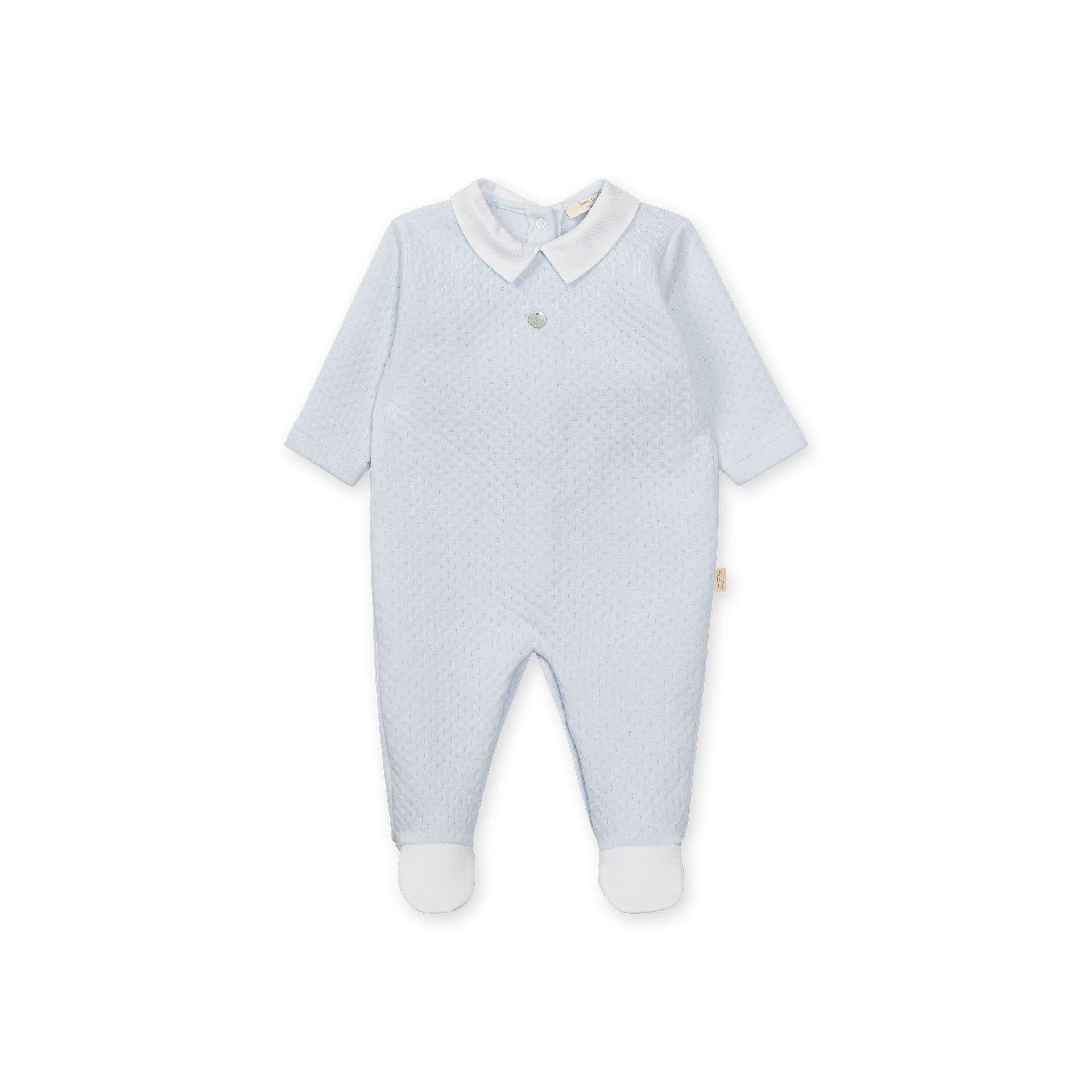 Babygrow Laminado Jaquard em Azul Bebé da Baby Gi - Coleção Jaquard Macacão azul claro para bebé com gola branca e botão no peito