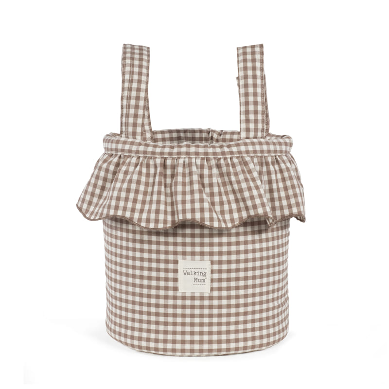 Mala Bucket Praliné Vichy Moka - Castanho da Walking Mum Saco de tecido castanho e branco com padrão de quadrados e alças