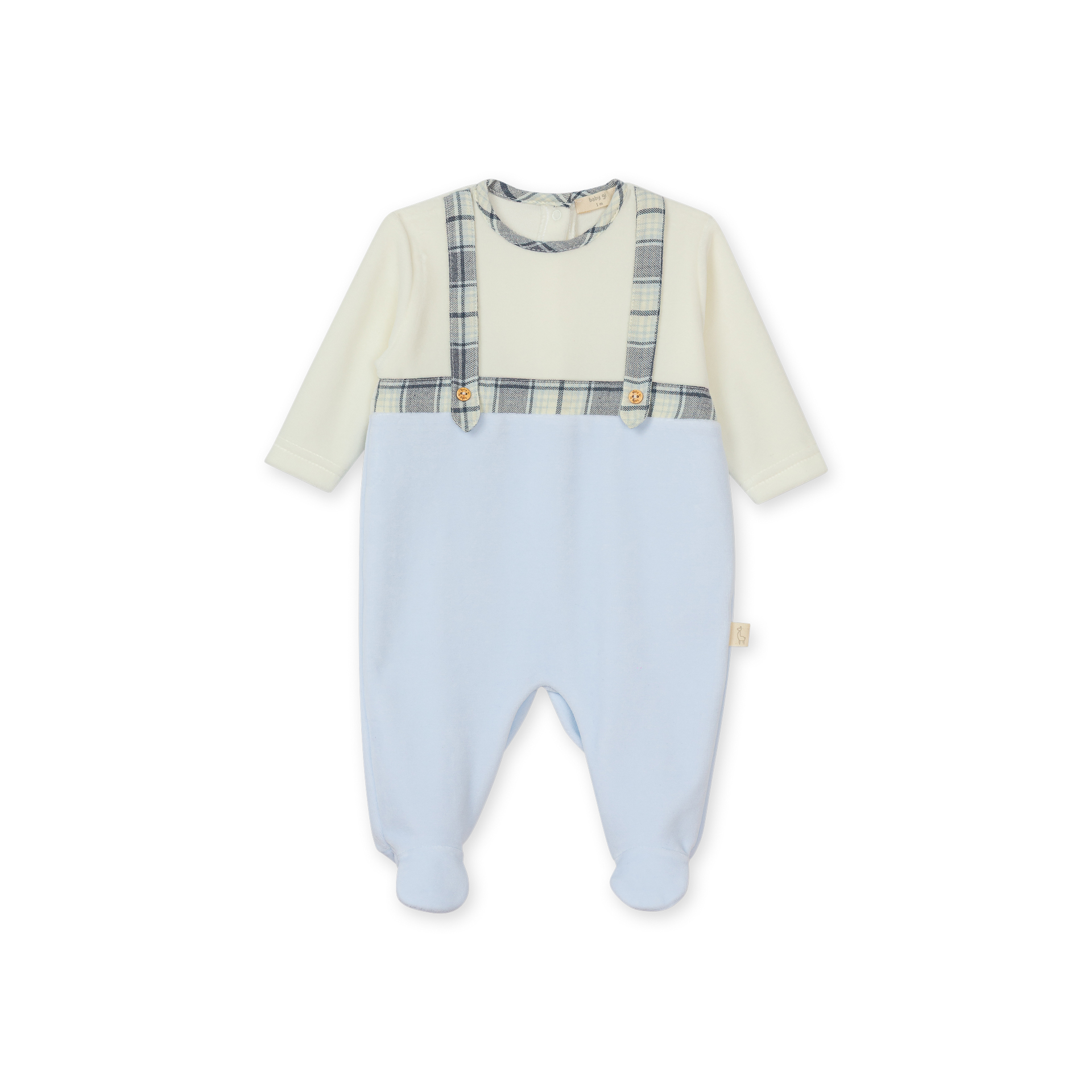 Babygrow Laminado padrão escocês azul da Baby Gi - Coleção Forest Folk Pijama de bebé creme e azul com detalhes xadrez