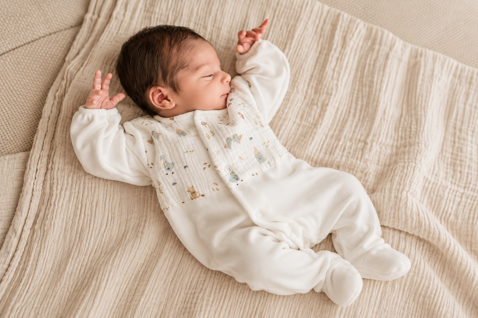 Babygrow Laminado com peito estamado pérola da Mighty Love - Coleção Goose Bebé deitado com fato branco e estampado sobre manta bege.