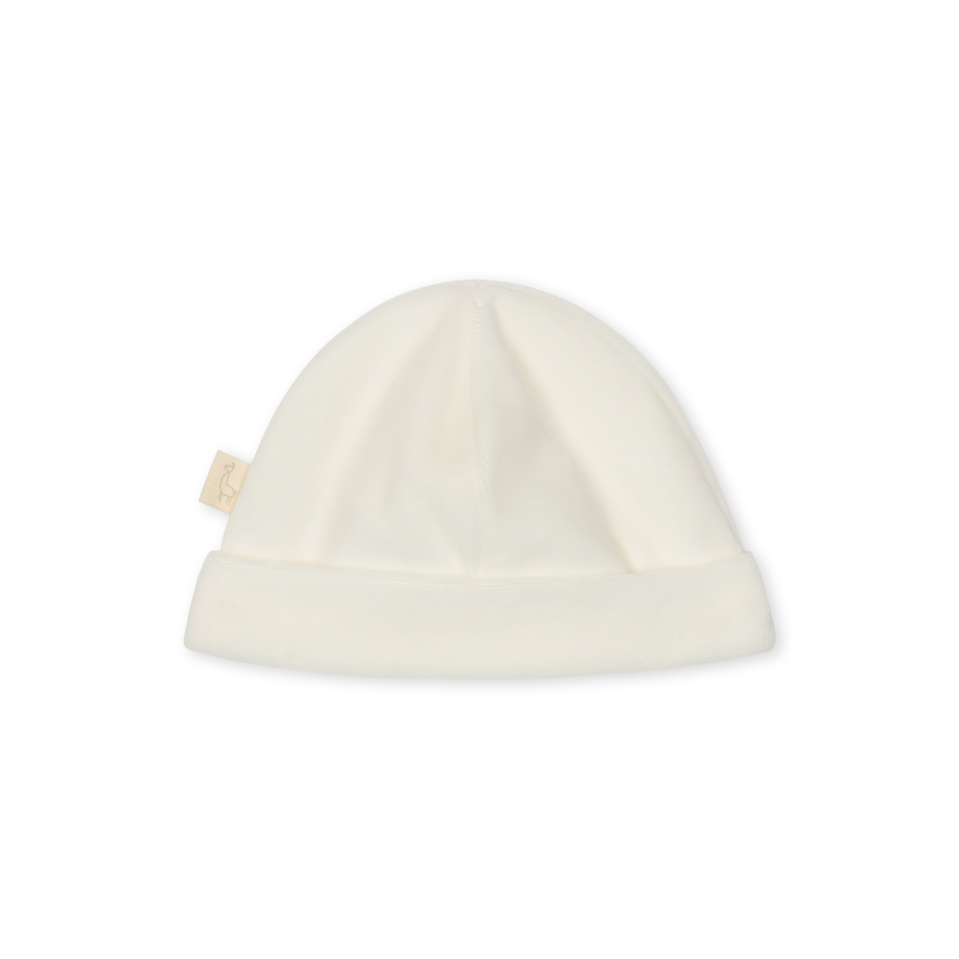 Gorro Laminado pérola da Baby Gi Gorro de bebé branco com etiqueta bege e desenho de pato.