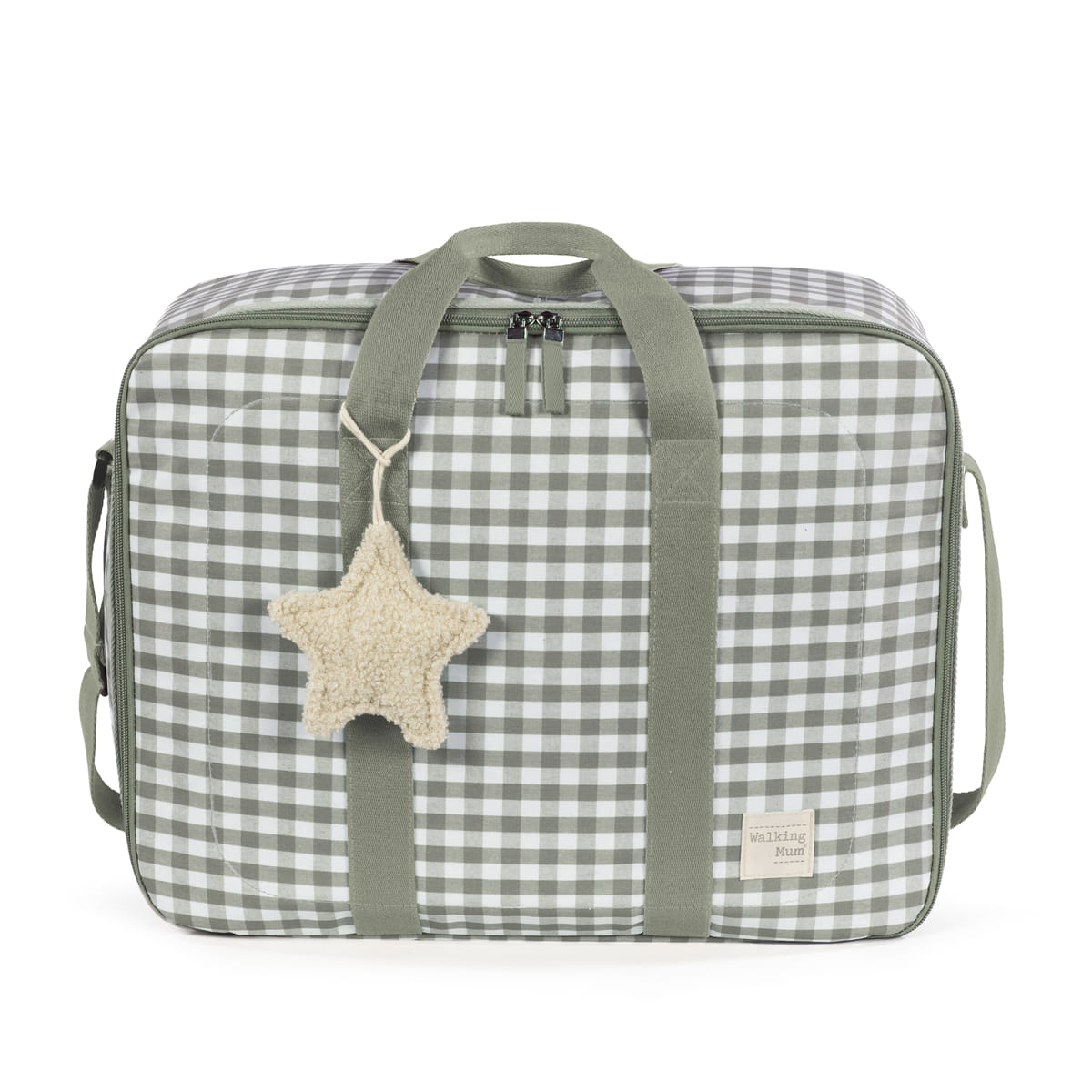 Maleta de Maternidade Caetana Stone - Verde da Walking Mum Mala de viagem xadrez verde e branco com pendente em forma de estrela