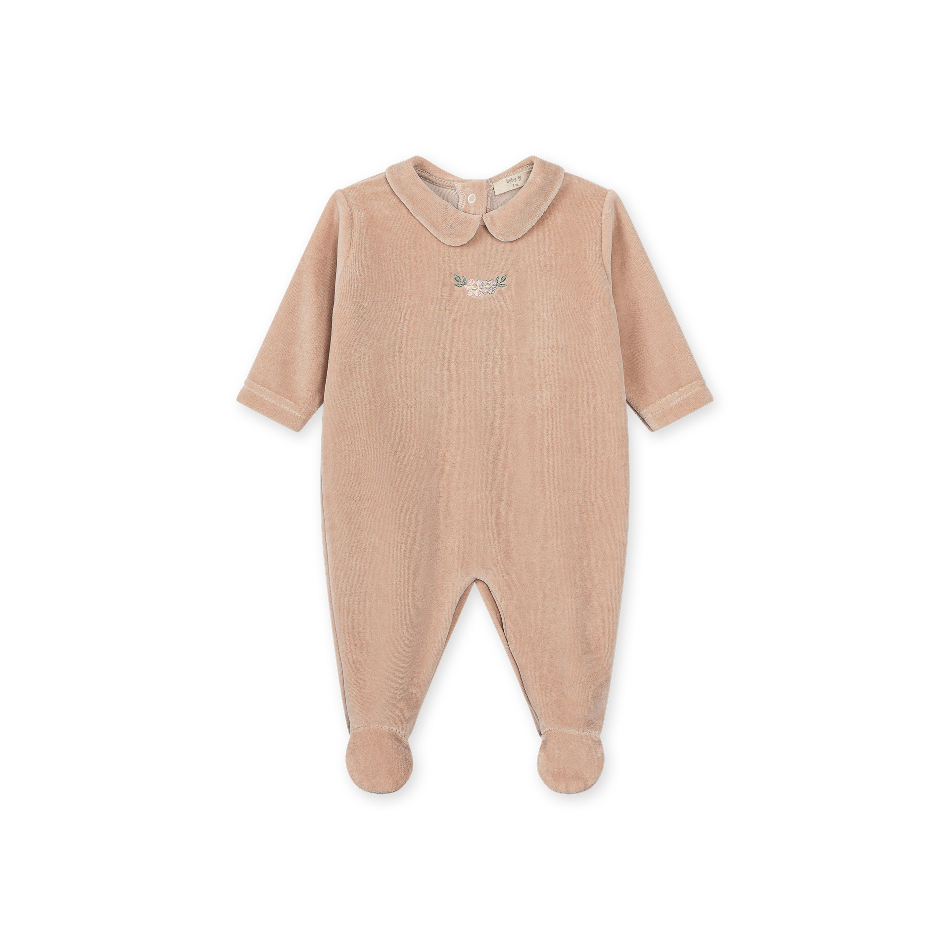 Babygrow laminado rosa pastel Baby Gi – Coleção Camellia Macacão de bebé em veludo bege com gola redonda e bordado Baby no peito