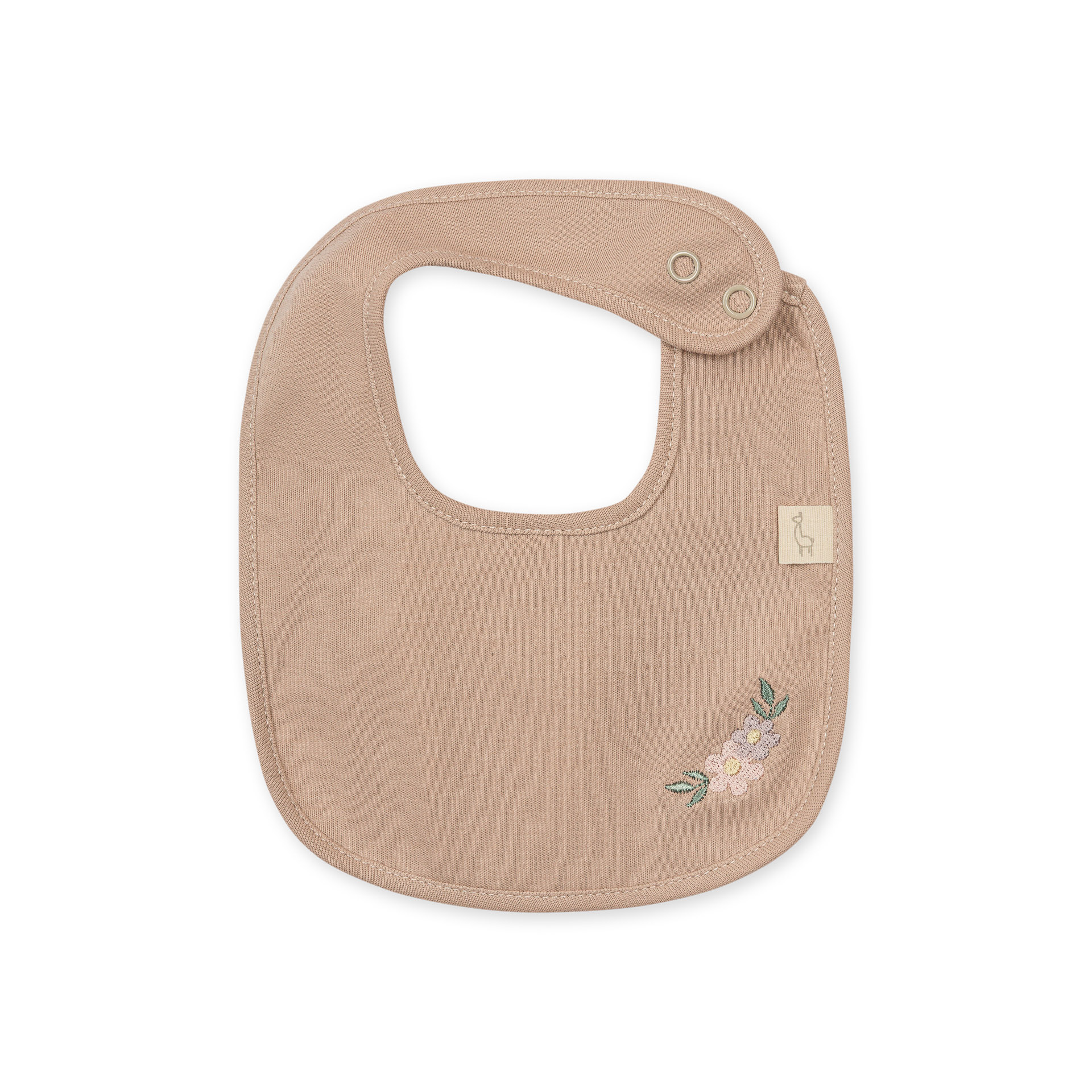 Babete de Algodão rosa pastel Baby Gi – Coleção Camellia Babete bege para bebé com fecho molas e bordado floral cor-de-rosa