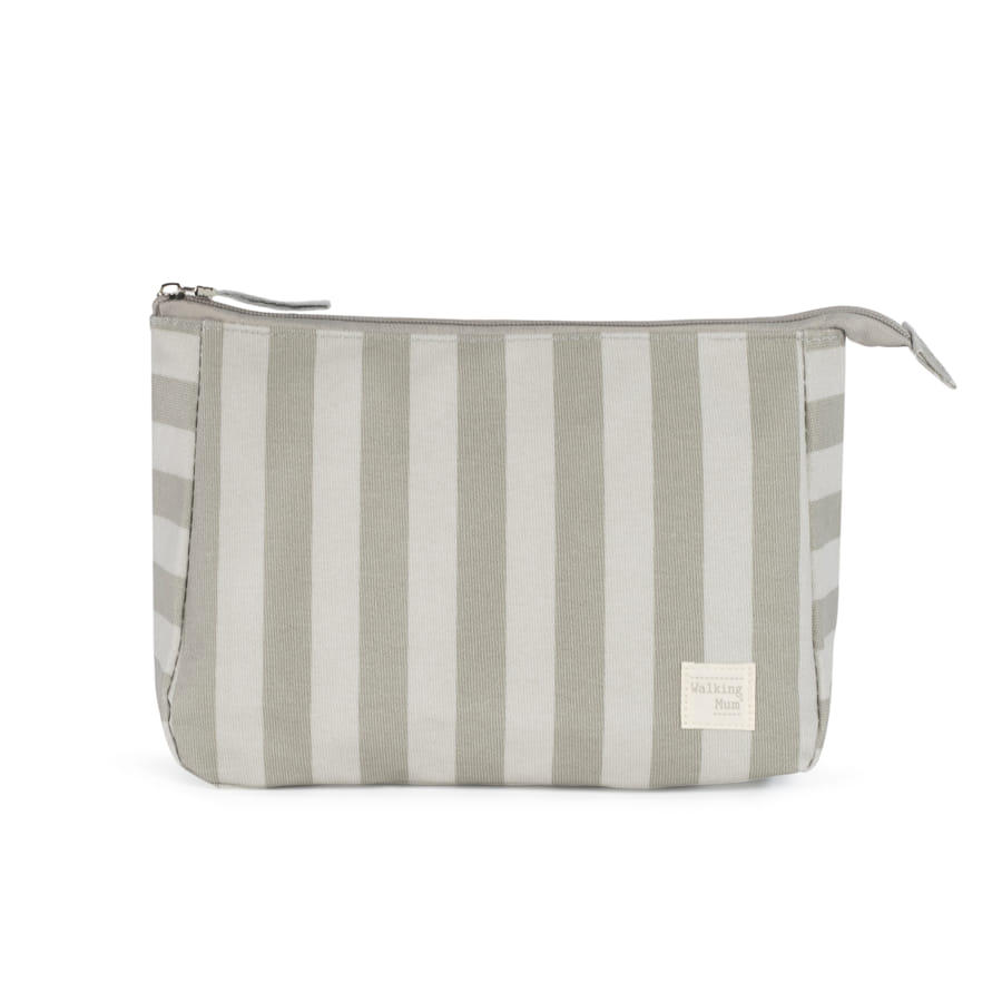Necessaire Sintra - Verde Walking Mum Bolsa riscas cinza e branco com fecho e etiqueta Walking Mum