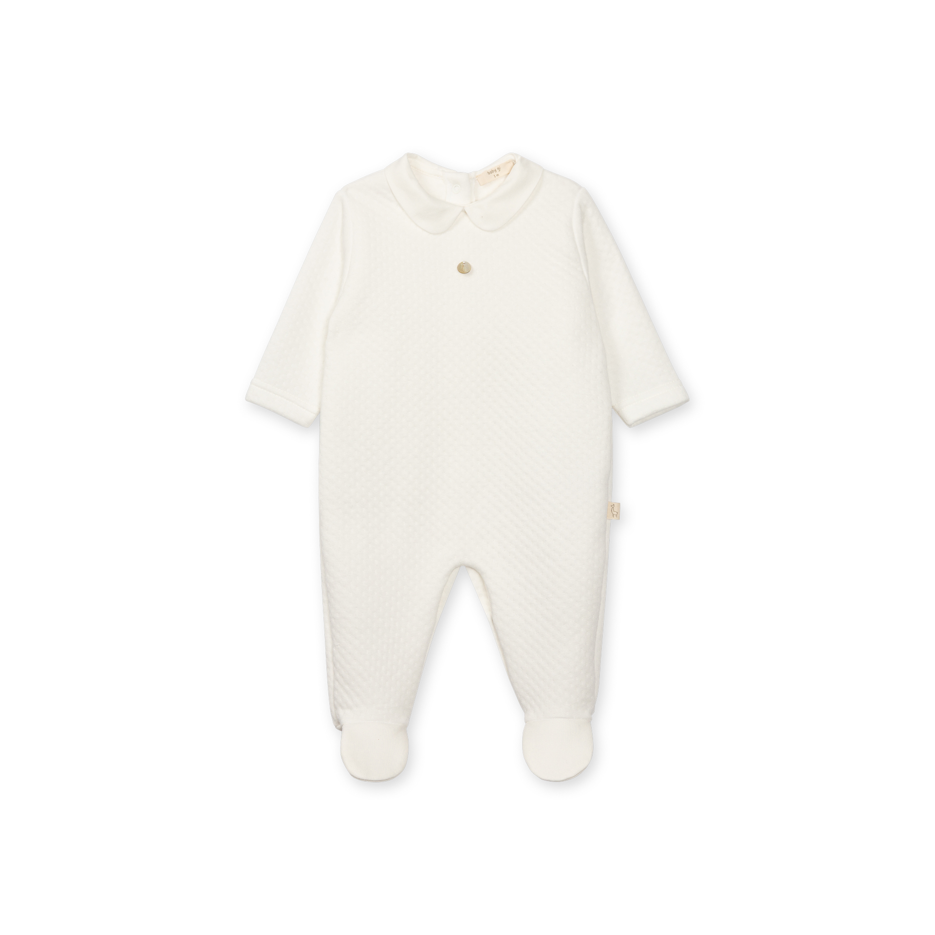 Babygrow Laminado Jaquard Pérola da Baby Gi - Coleção Jaquard Macacão branco de bebé com colarinho e pés fechados