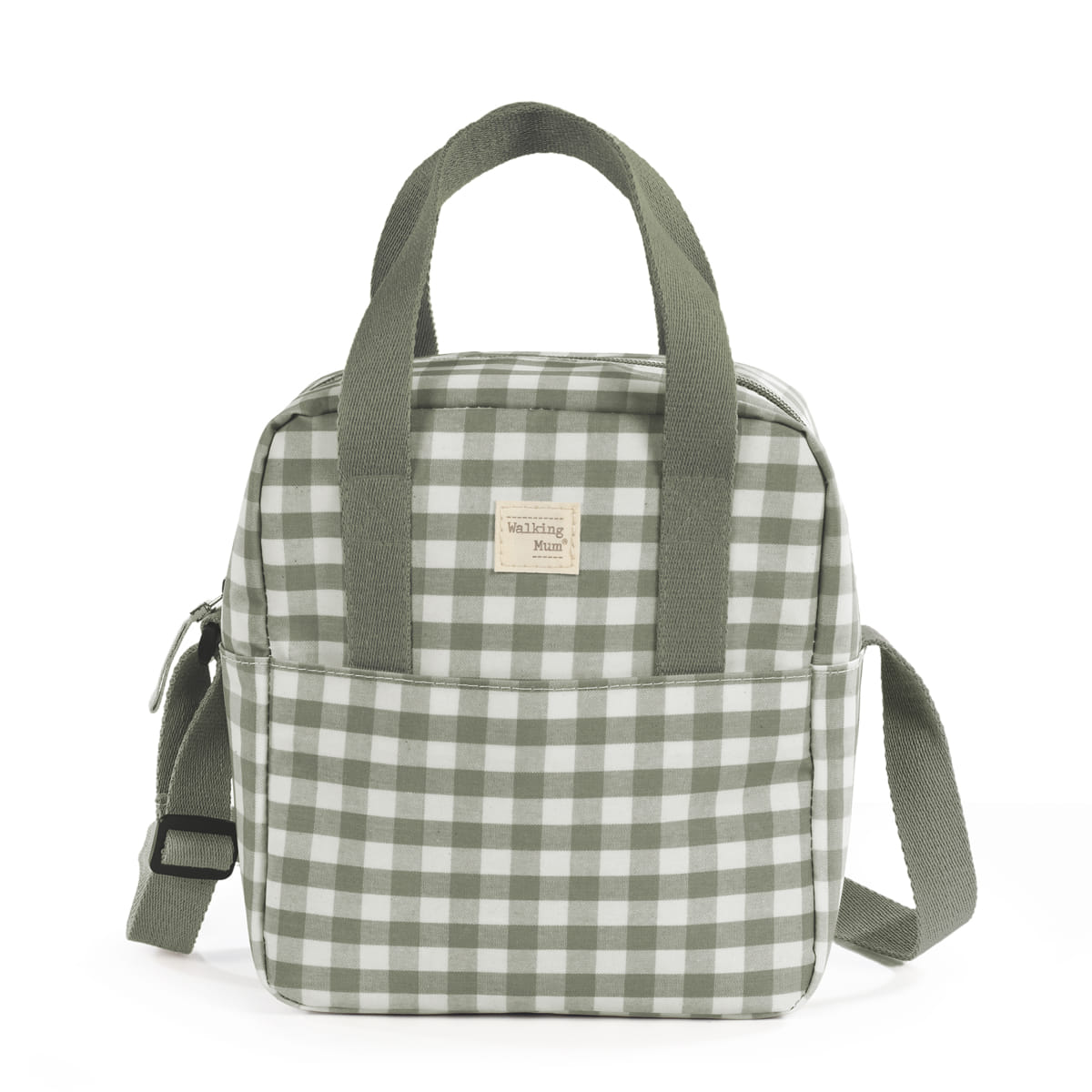 Lancheira térmica Caetana Stone - verde mala quadrada cinza e branca com alças e etiqueta