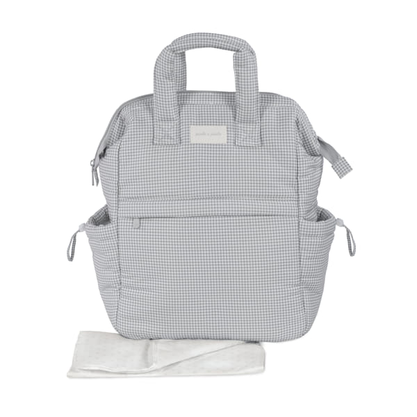 Mochila de Maternidade Little Bloom Vichy - Cinza da Pasito a Pasito Mochila cinzenta com padrão xadrez e pano branco