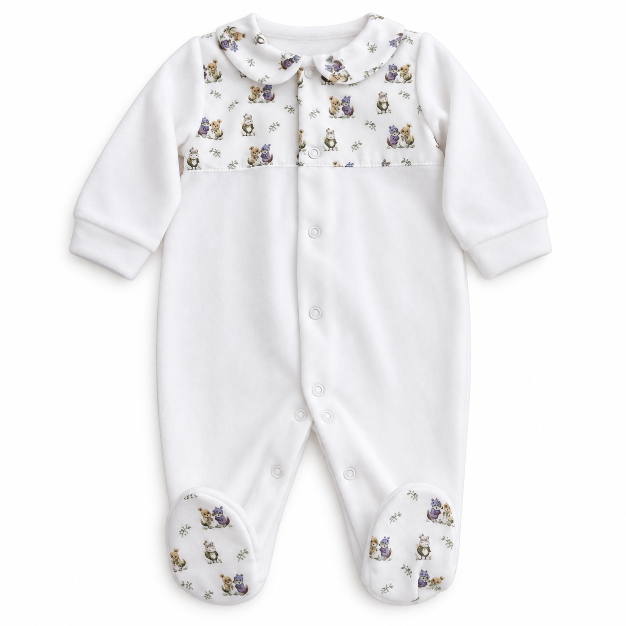 Babygrow Laminado pérola da Mighty Love - Coleção Alvin Macacão branco para bebé com padrão floral roxo e verde