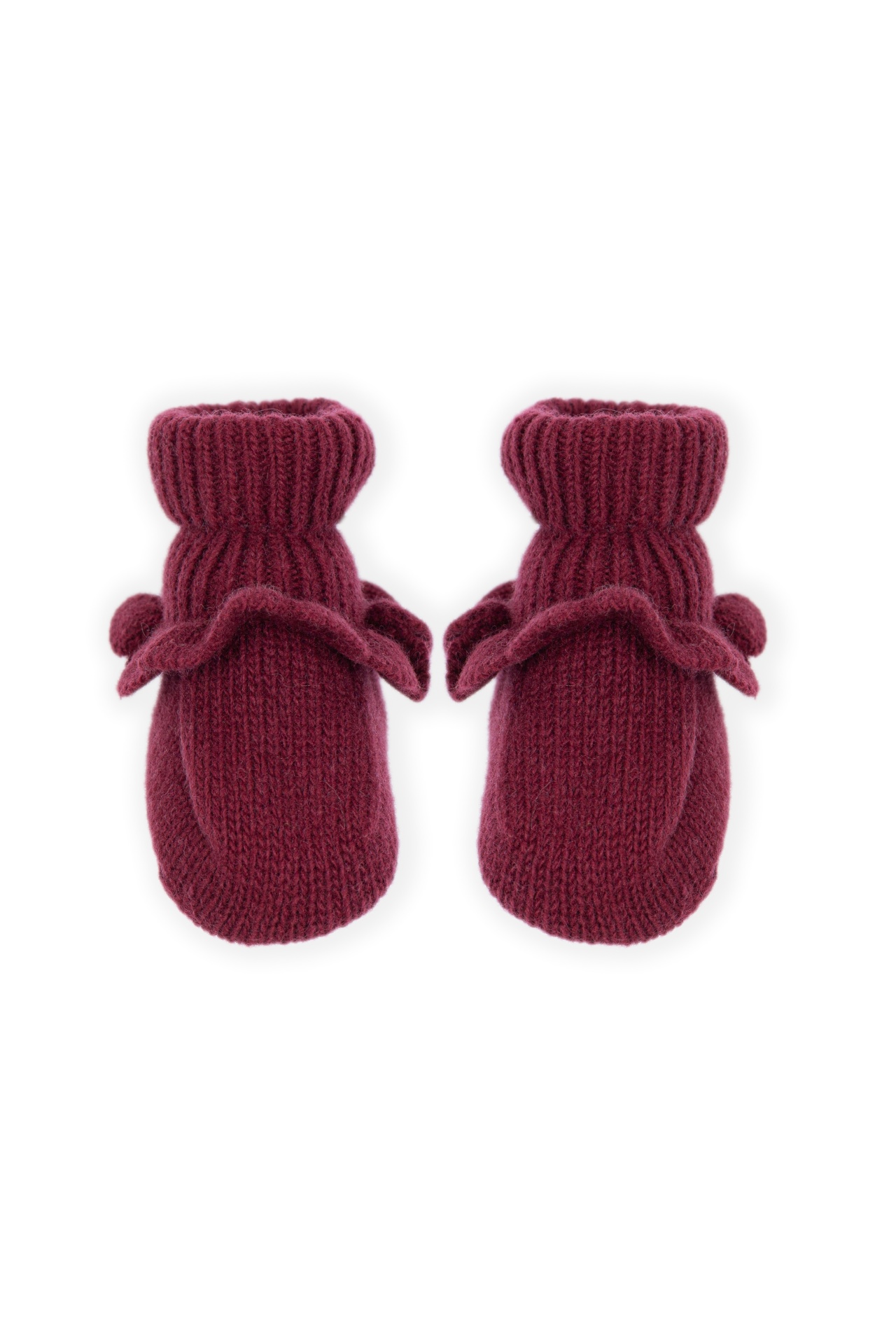 Carapins de Malha com Folho Bordeaux Dr. Kid | Grandma’s Treat Luvas de bebé bordô em lã tricotada com punhos canelados e laço nas laterais