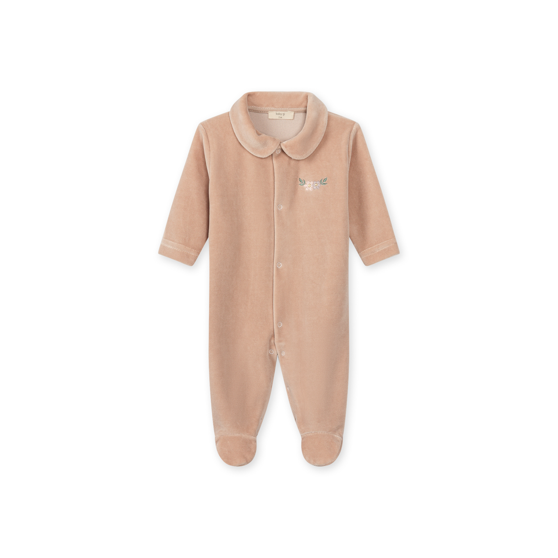Babygrow laminado rosa pastel Baby Gi – Coleção Camellia Pijama bebé castanho claro felpudo com gola e bordado