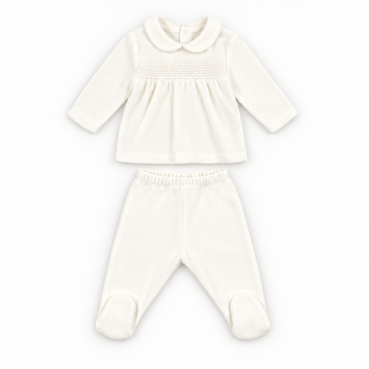 Conjunto Laminado camisola e calça na cor nata da Mighty Love - Básicos Conjunto branco para bebé com camisola e calças com pé