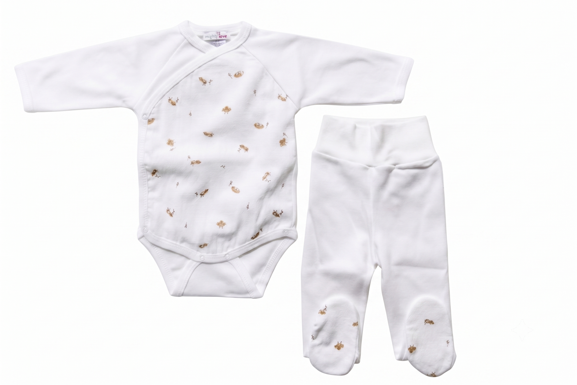 Conjunto de Interiores algodão pérola da Mighty Love - Coleção Cacau Conjunto de roupa de bebé branca com body estampado e calça com pezinhos