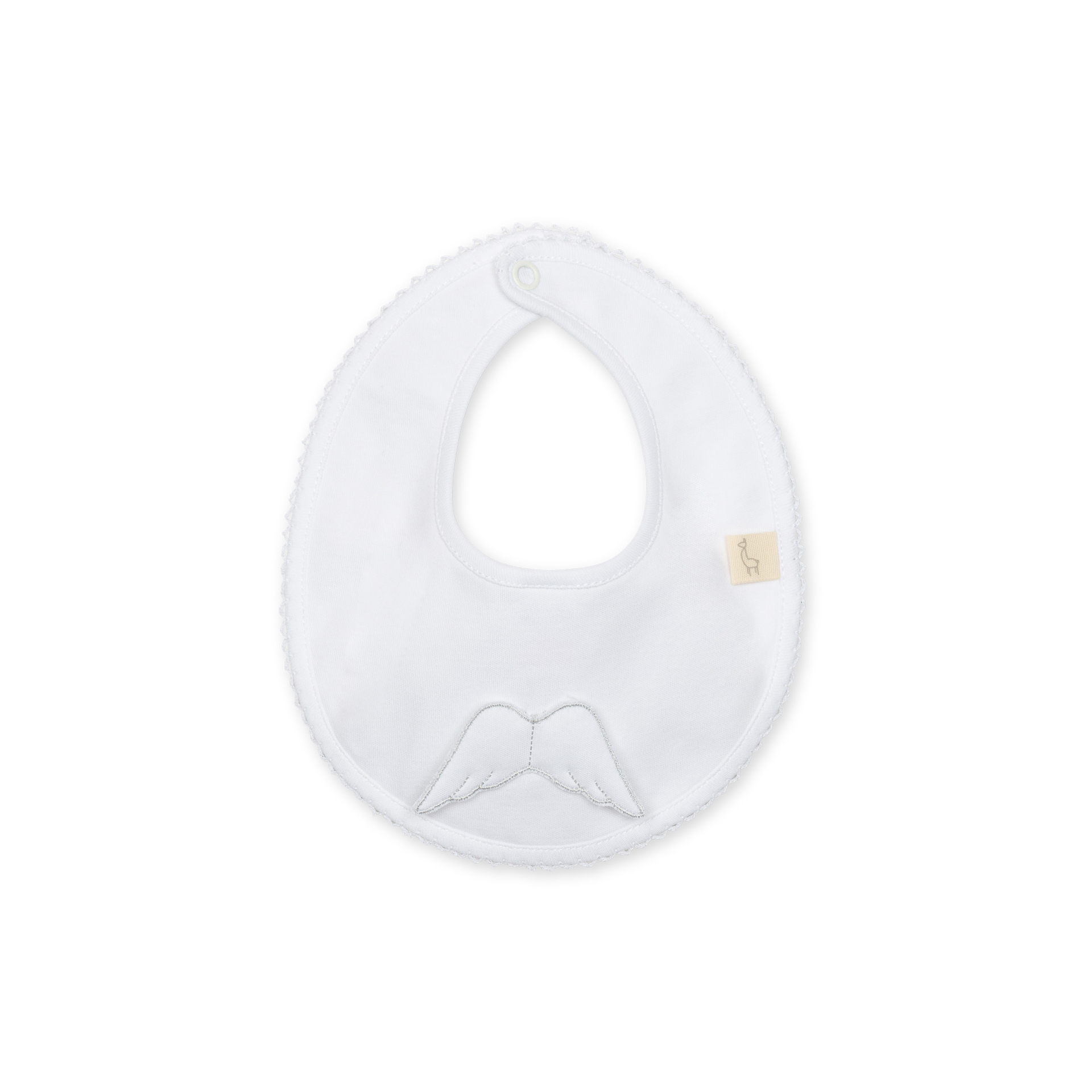 Babete de Algodão branca da Baby Gi – Coleção Angel Babete redonda branca com bordado de asas e fecho de mola