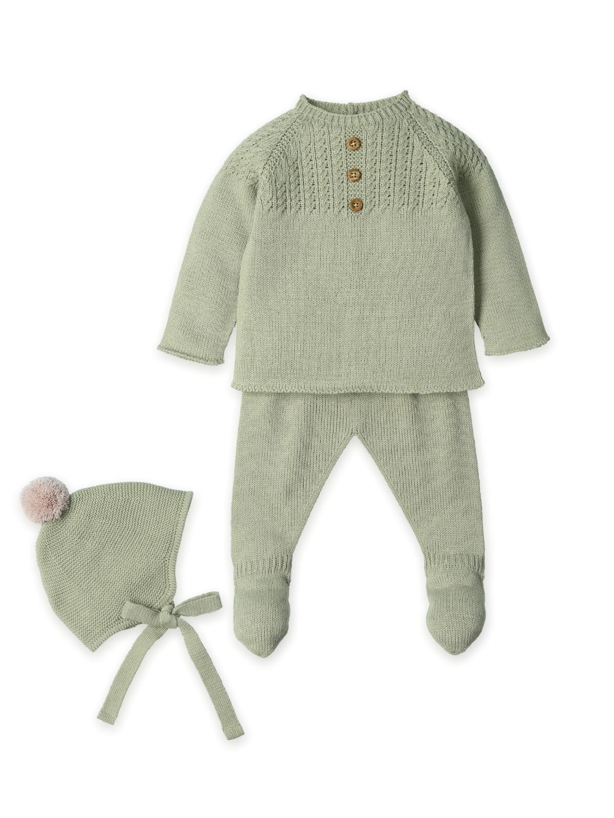 Conjunto de malha 3 peças na cor Laurel da Mac Ilusión - Coleção Laurel Grace Conjunto de roupa de bebé com camisola, calças e gorro em malha verde claro