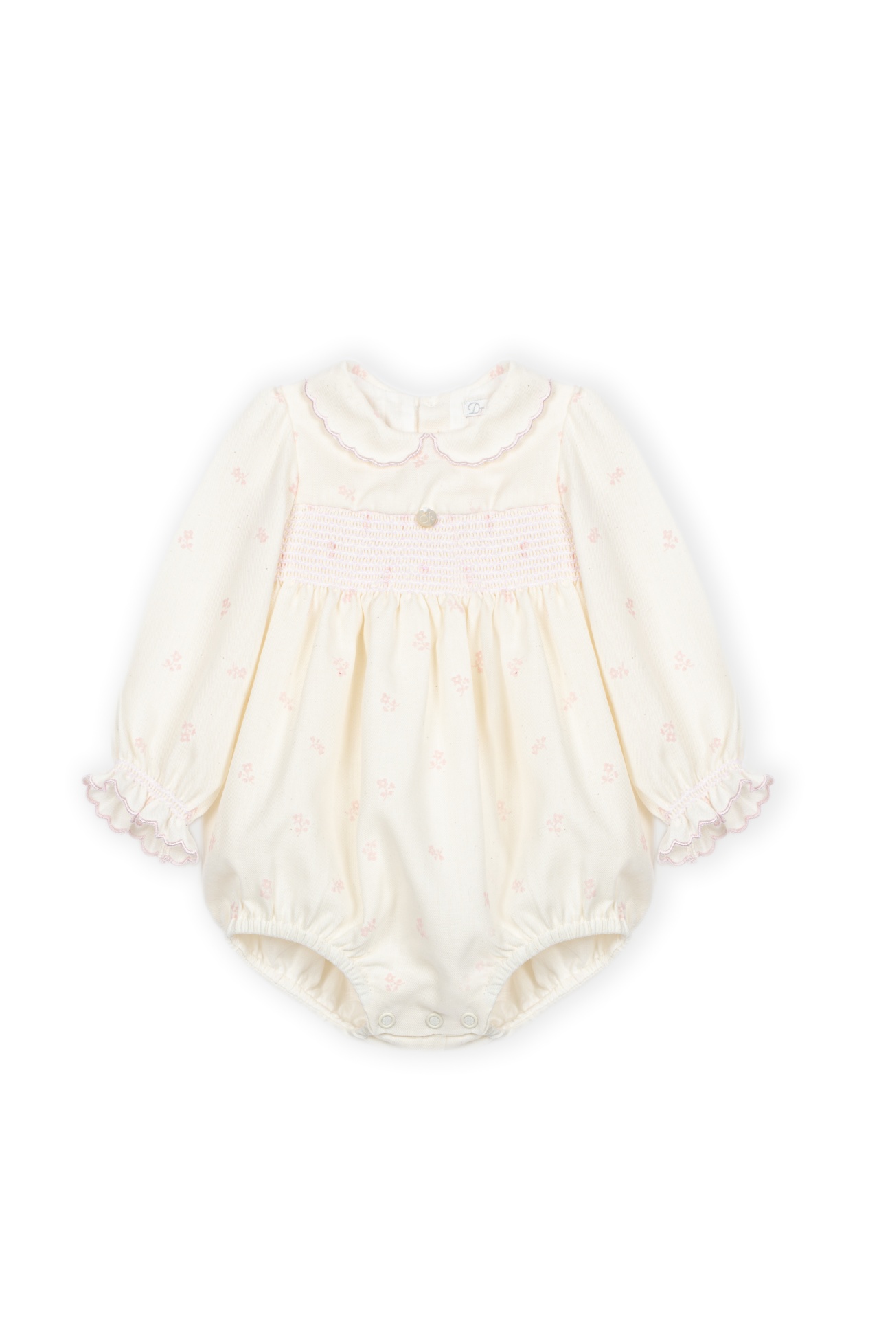 Fofo com Ninho de Abelha Floral Rosa Dr. Kid | Classic Girl Body de bebé creme com flores cor-de-rosa e gola ondulada