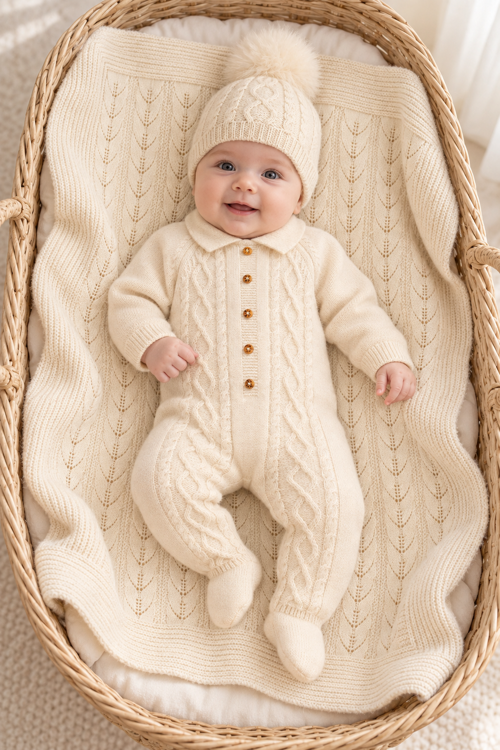 Babygrow de Malha com Caxemira Cru Dr. Kid | Coleção Teddy Bebé em carrinho de vime com roupa de malha creme