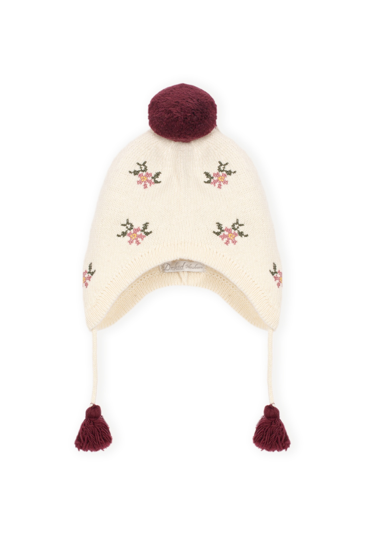 Gorro de Malha com Flores Bege Dr. Kid | Grandma’s Treat Gorro de malha creme com pompom granada e flores bordadas.