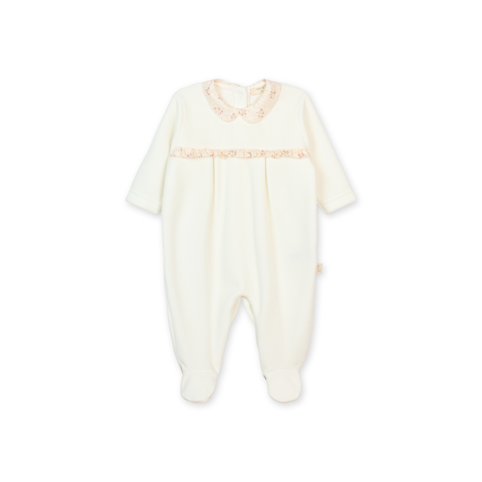 Babygrow Laminado folho no peito pérola da Baby Gi - Coleção Winter Garden Macacão de bebé branco com gola floral e folhos